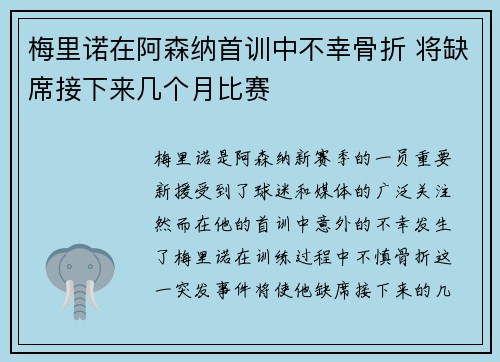 梅里诺在阿森纳首训中不幸骨折 将缺席接下来几个月比赛